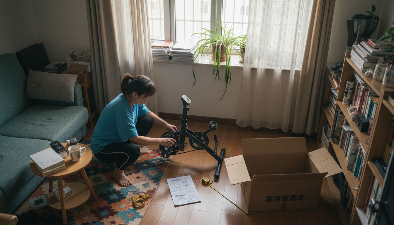 一位女士正在家中整理动感单车，准备开始健身锻炼。