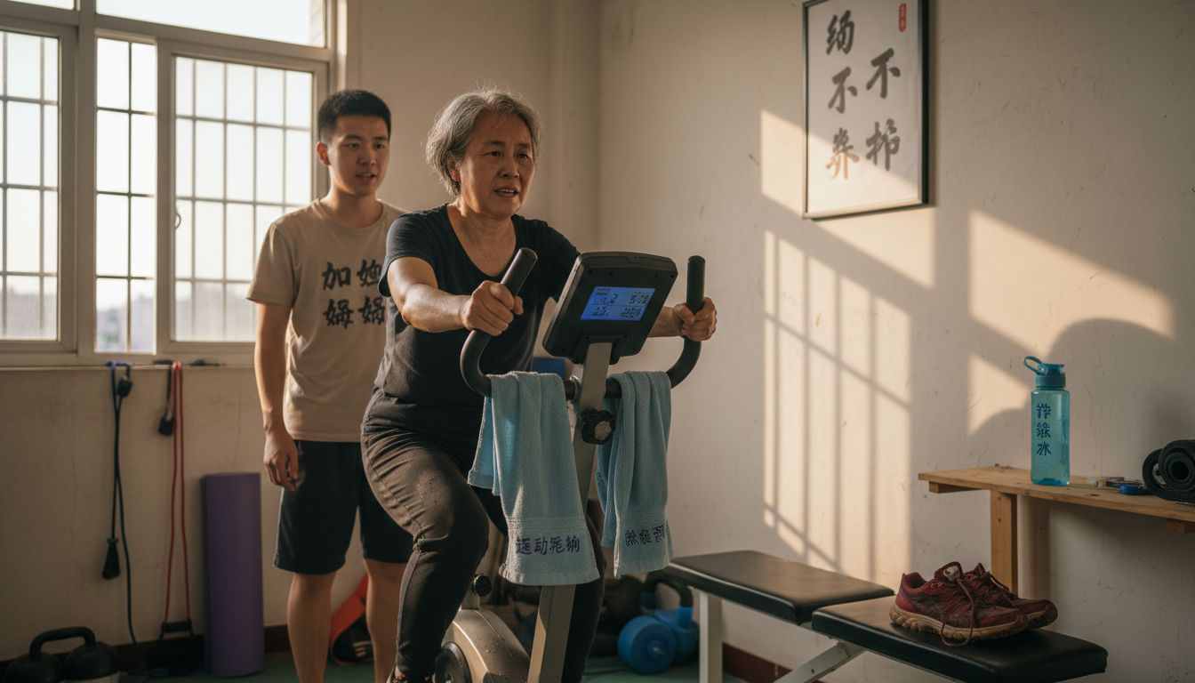 女士在家试用动感单车，家人一旁参与体验并提出建议。