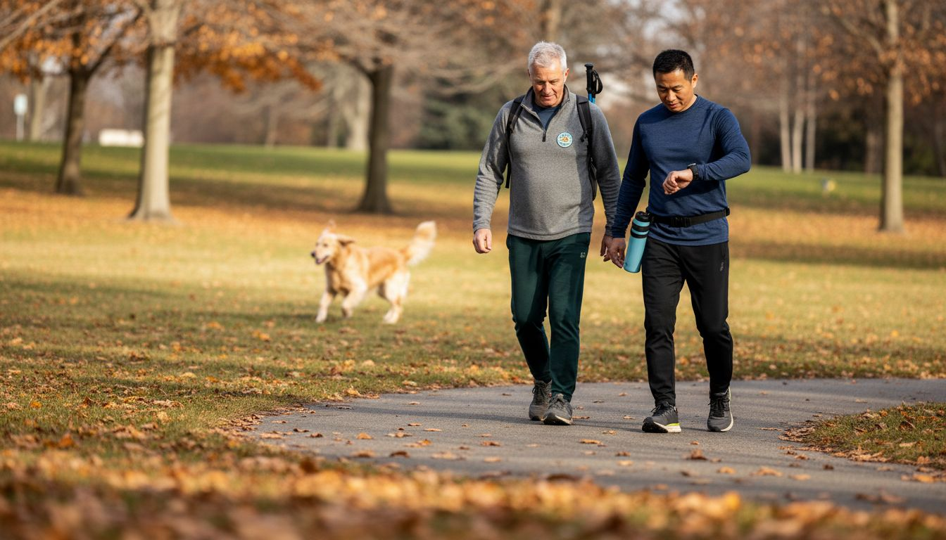 几位老年朋友在户外散步时，停下来查看手环上的健康数据。