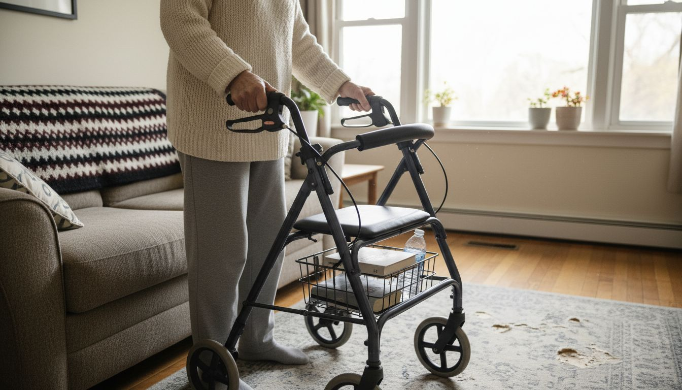一位女士在家中调节健步机的高度