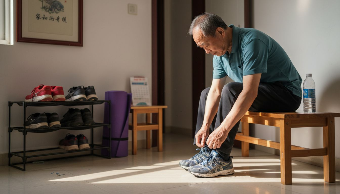 一位年长的男士正在挑选合适的运动鞋，并仔细系好鞋带，准备开始锻炼身体。