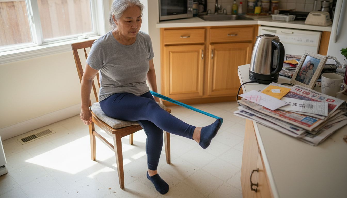 一位年长女士在家里用弹力带锻炼身体，积极保持健康生活方式。