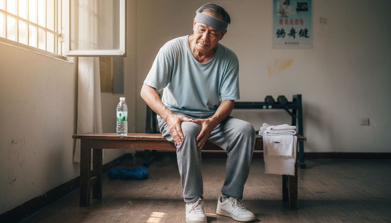 一位年长的男士运动后膝盖不适，正在细心地进行护理。