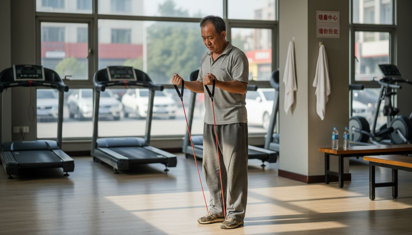 一位中年男士正在健身房用弹力带锻炼身体。