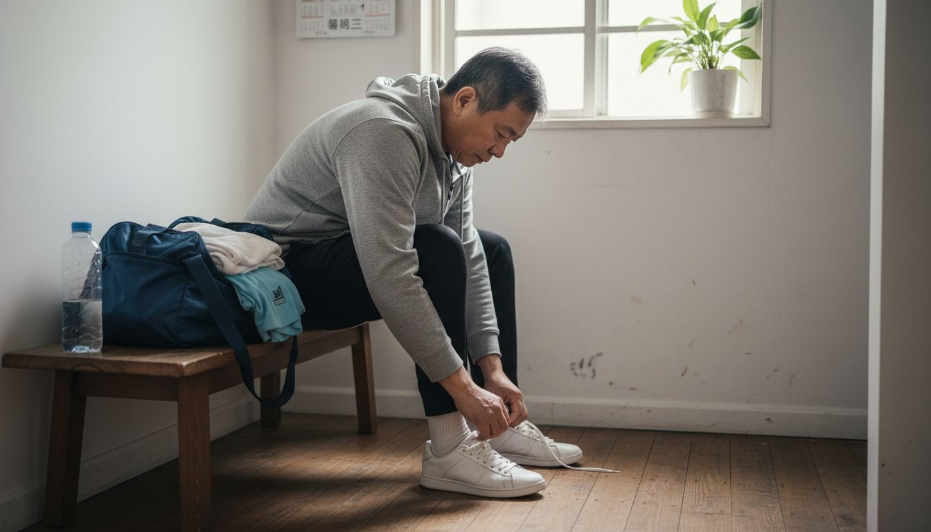 一位老人正在家里整理运动器材，为锻炼做准备。