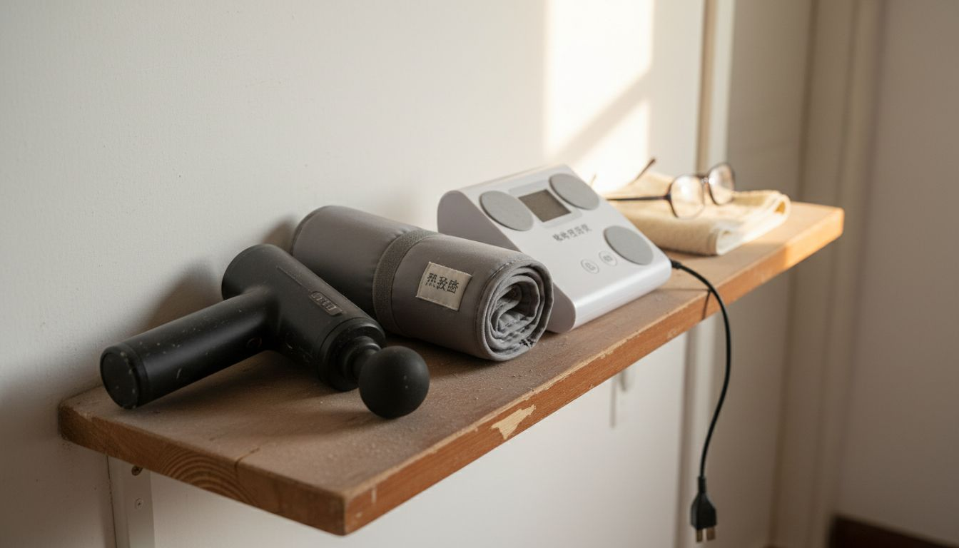 家用理疗设备整齐地摆放在走廊的架子上。