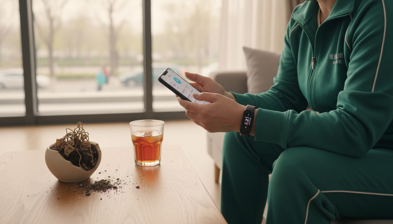 一位中年女士正在家中查看心率监测仪的数值，关注家人的健康状况。