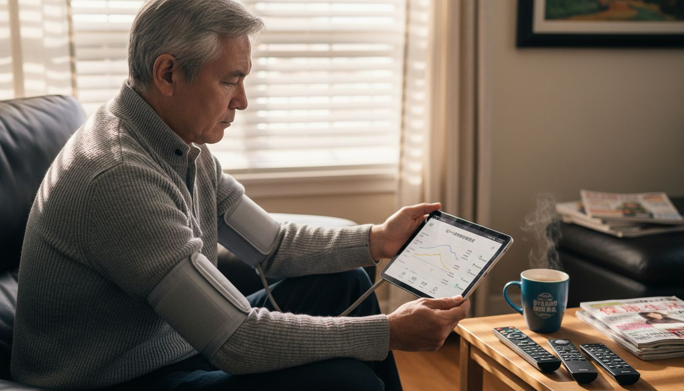 一位中年男士正在用血压仪测量血压，并通过平板电脑查看自己的健康数据。