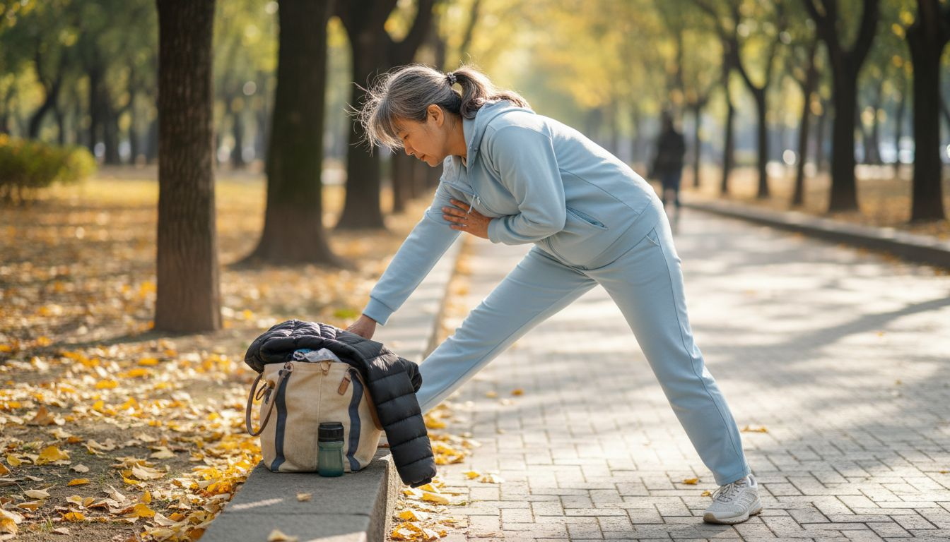 一位中年女士在公园里做拉伸运动，享受清新的空气和自在的时光。
