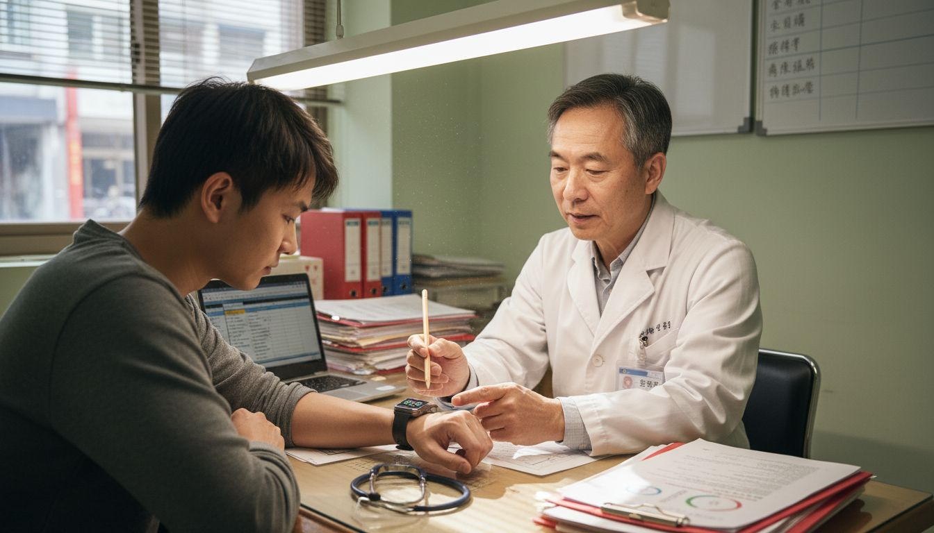 医生正在向患者介绍可穿戴健康监测设备的相关信息。
