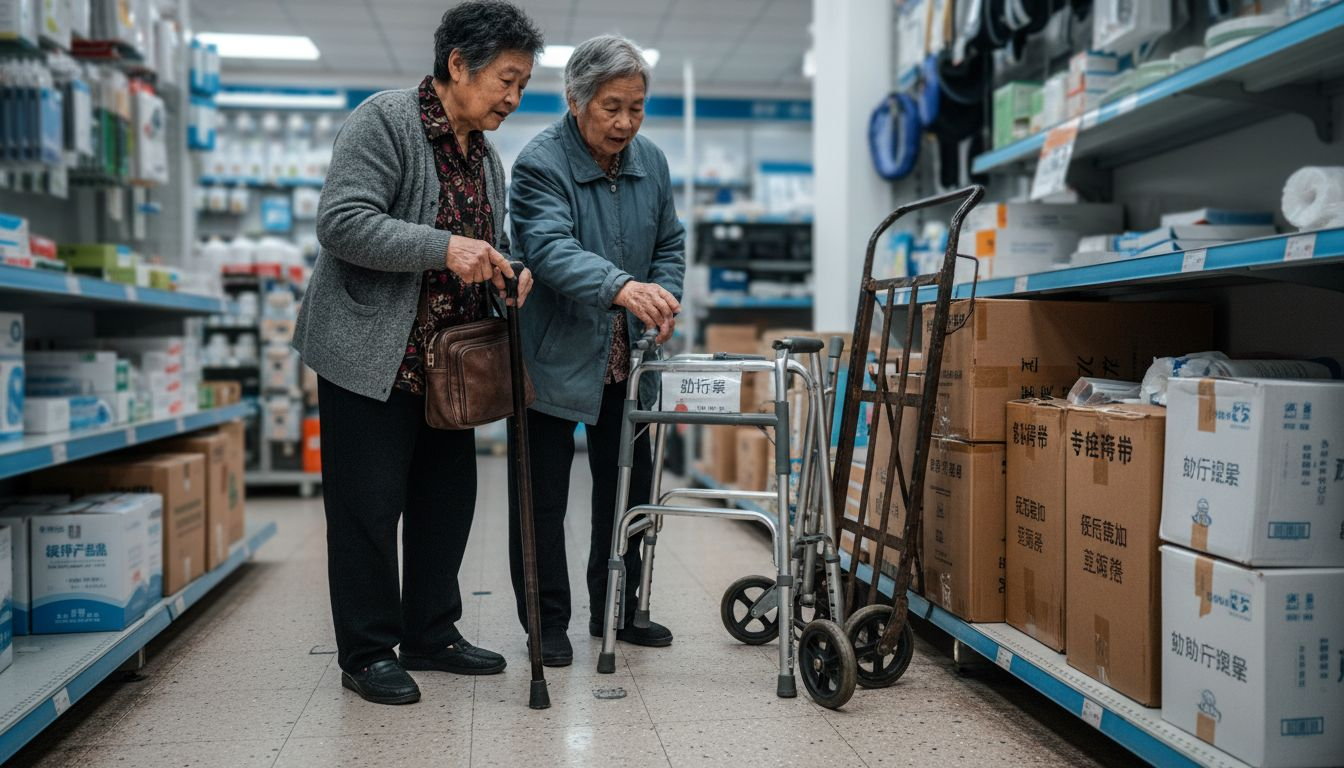 几位老人正在医疗器械店里挑选、比较不同款式的助行器。