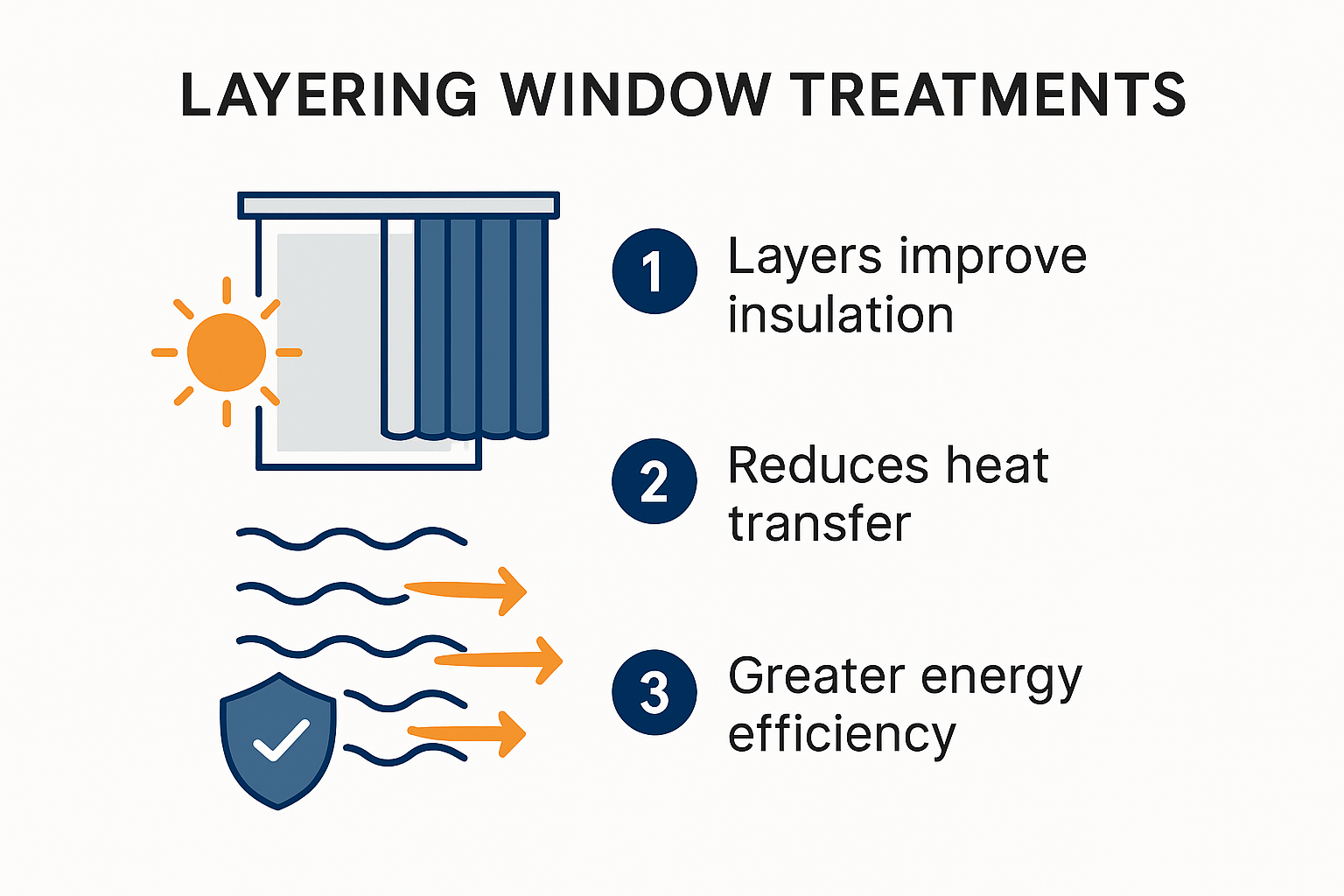 Infographic showing energy efficiency benefits of layered window treatments.