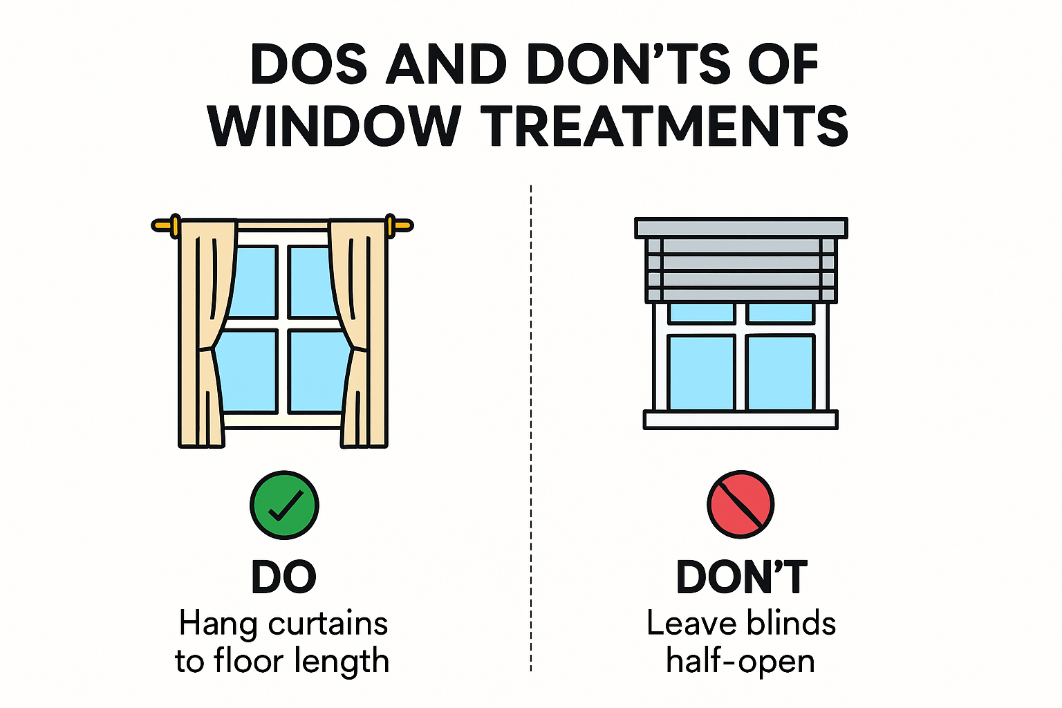 Infographic detailing dos and don'ts for window treatments.