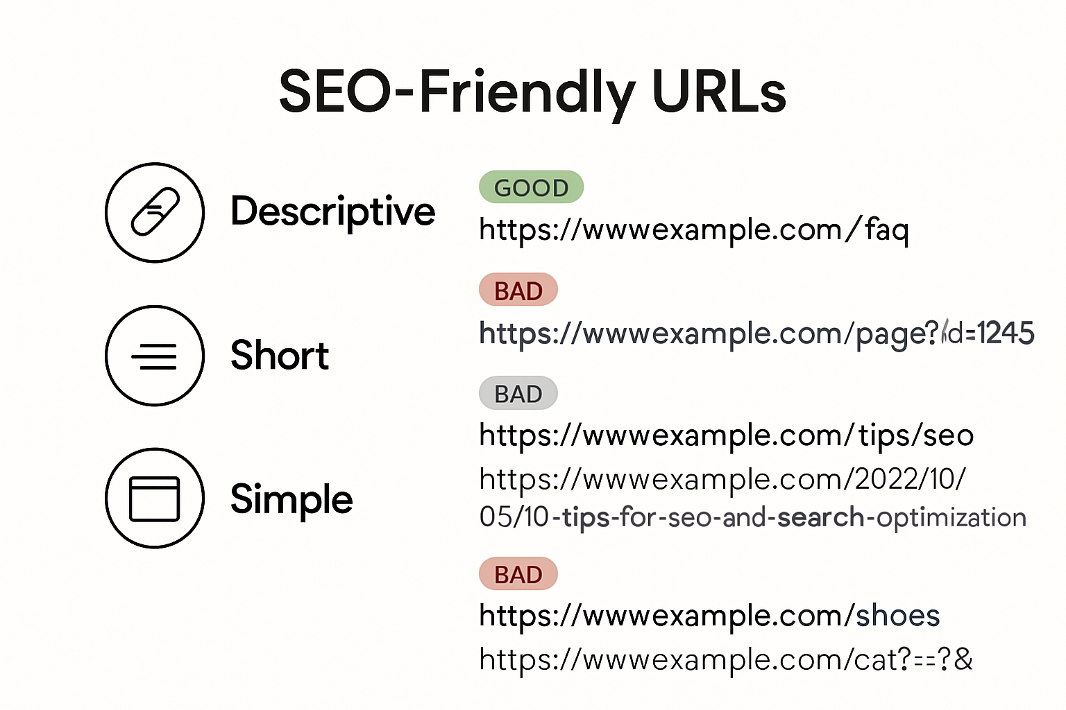 Infographic comparing good and bad SEO URLs.