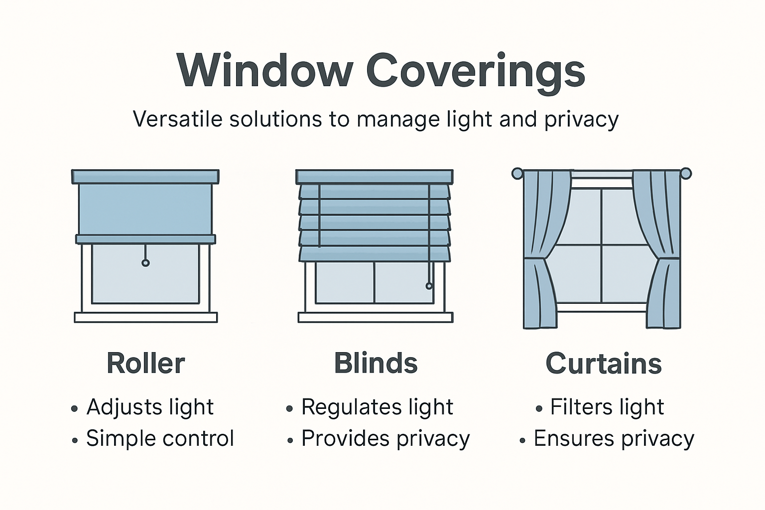 Infographic showing versatile window covering types and their light/privacy functions.