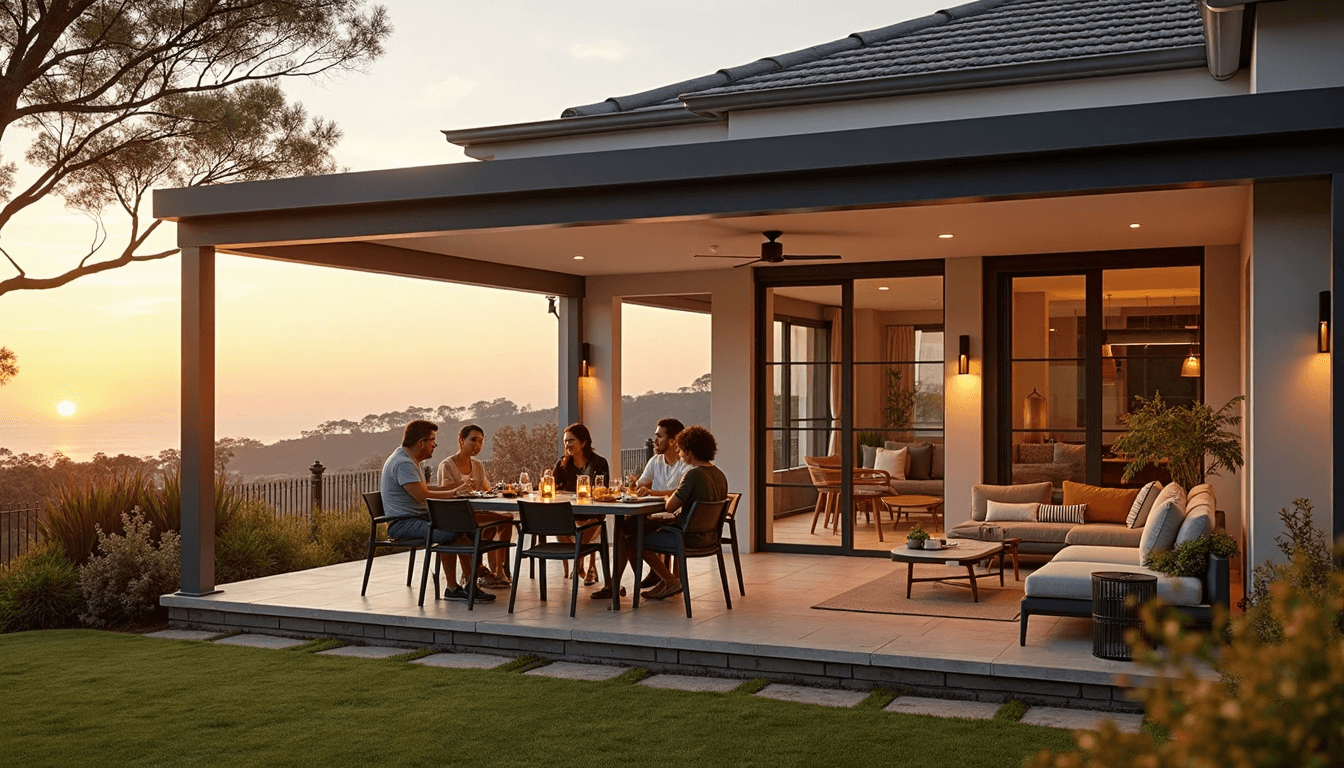 Luxury home patio gathering under aluminium covering