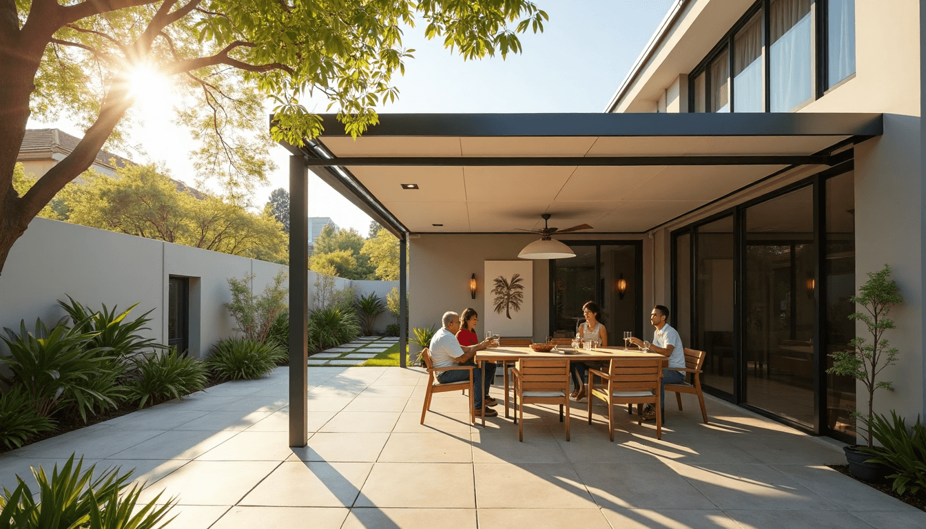 People adjusting retractable awning on patio