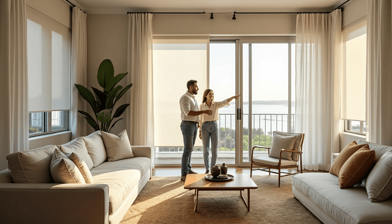 Durban home interior with luxury synthetic window coverings and glass text panel