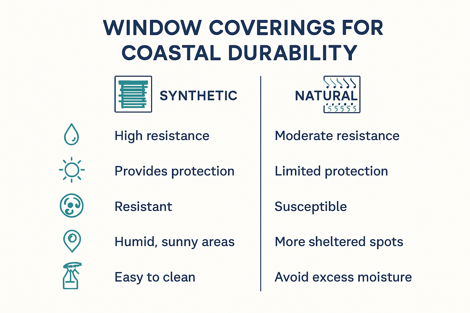 Infographic comparing window covering materials for coastal durability