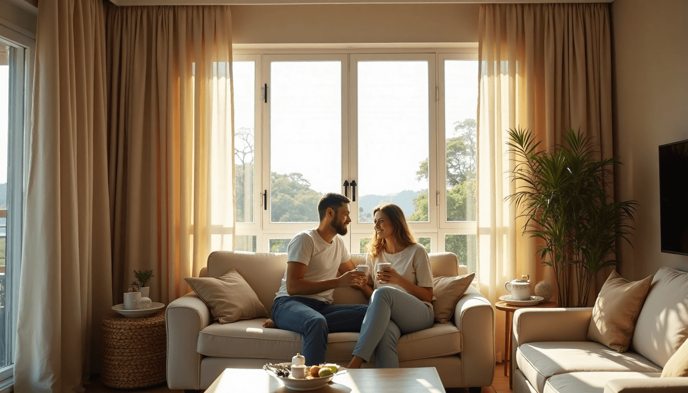 Couple in sunlit Durban living room with elegant linen curtains