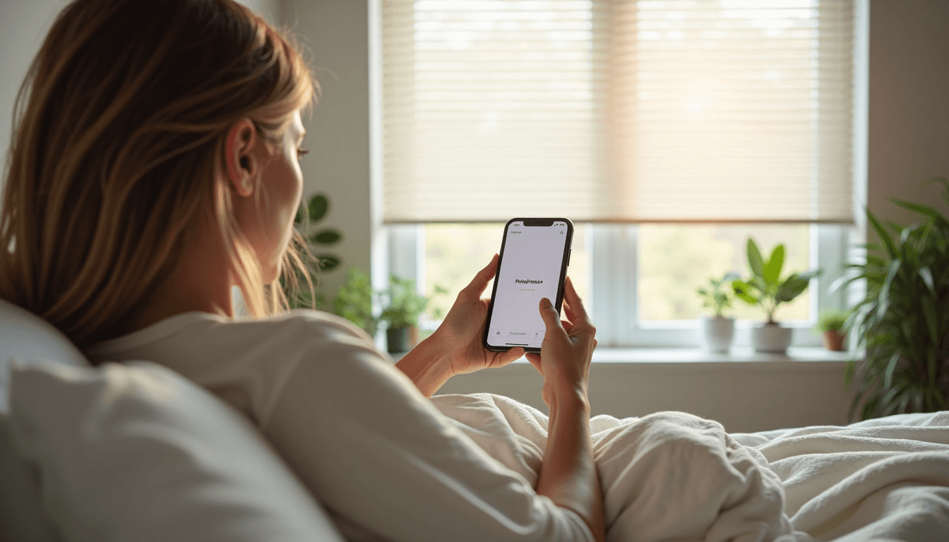 Woman adjusting cellular blinds in a cozy modern bedroom