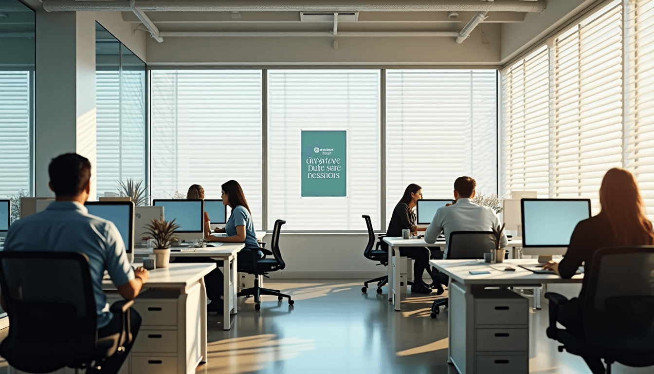 Open-plan Durban office with staff adjusting designer blinds