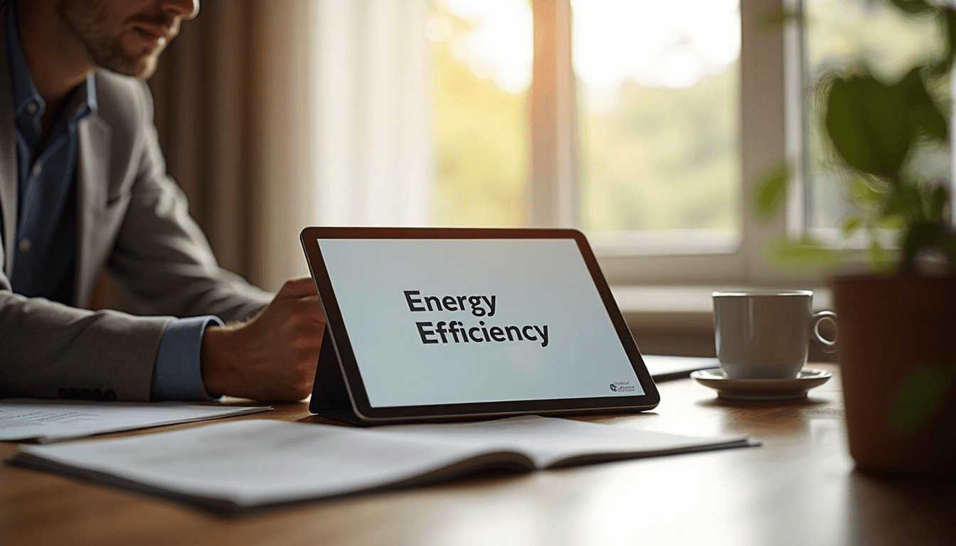 Home office with sunlight and automated curtains highlighting energy efficiency