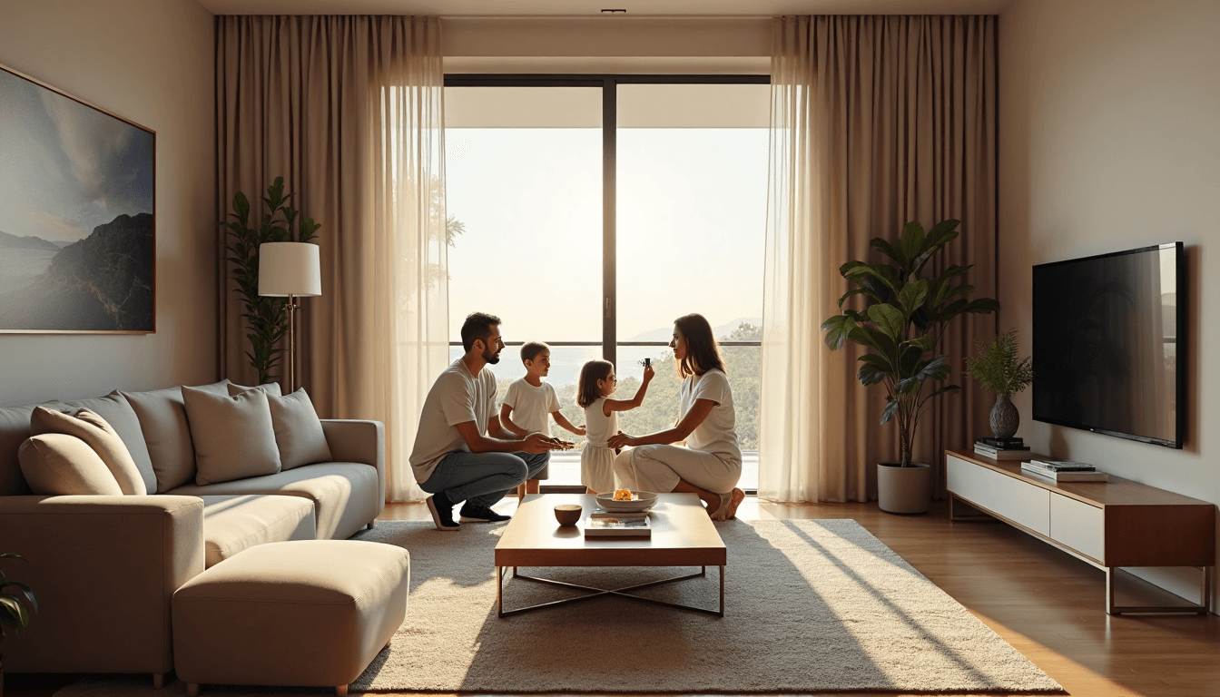 Family using remote with motorized curtains in sunlit Durban living room