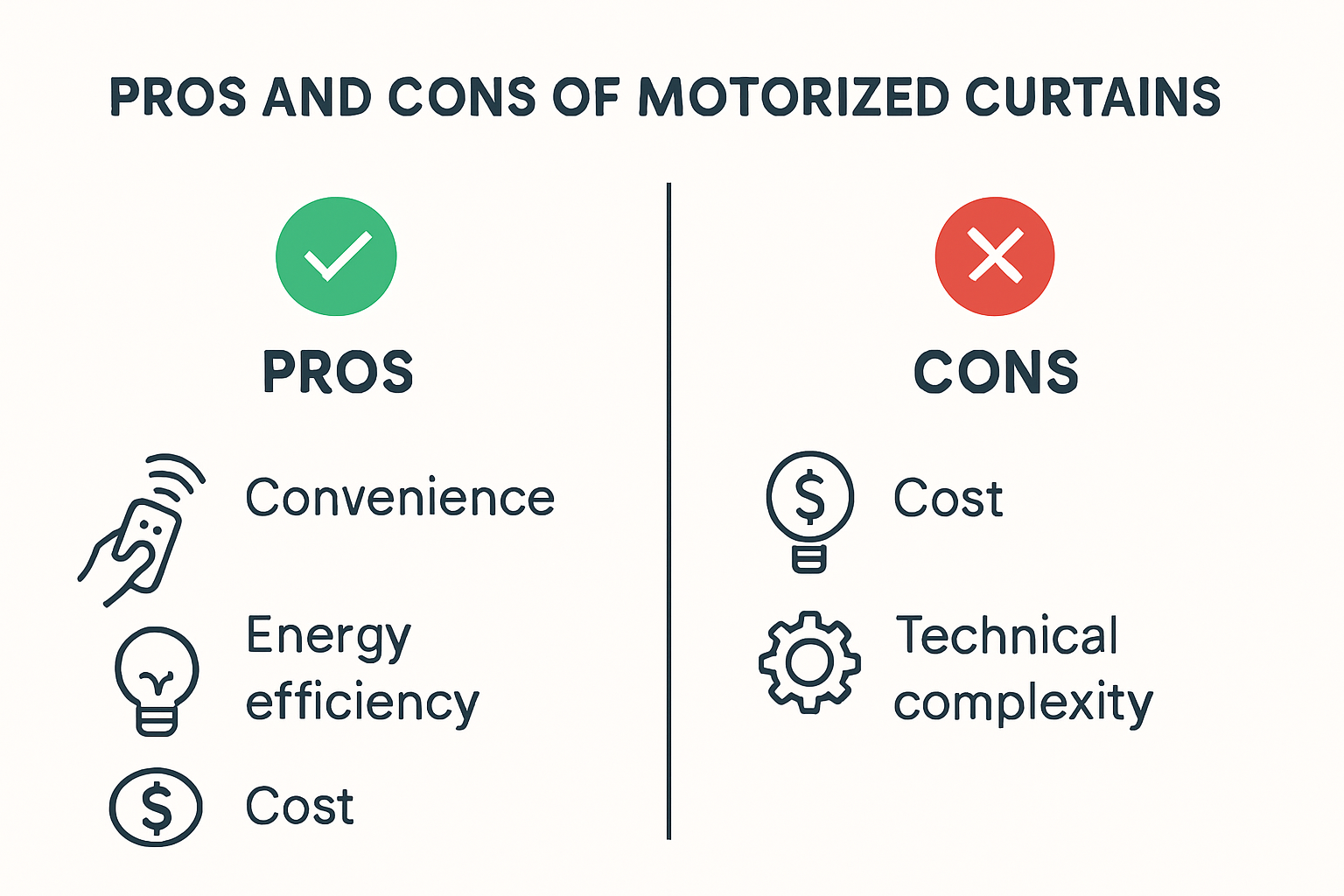 Infographic summarizing motorized curtains pros and cons