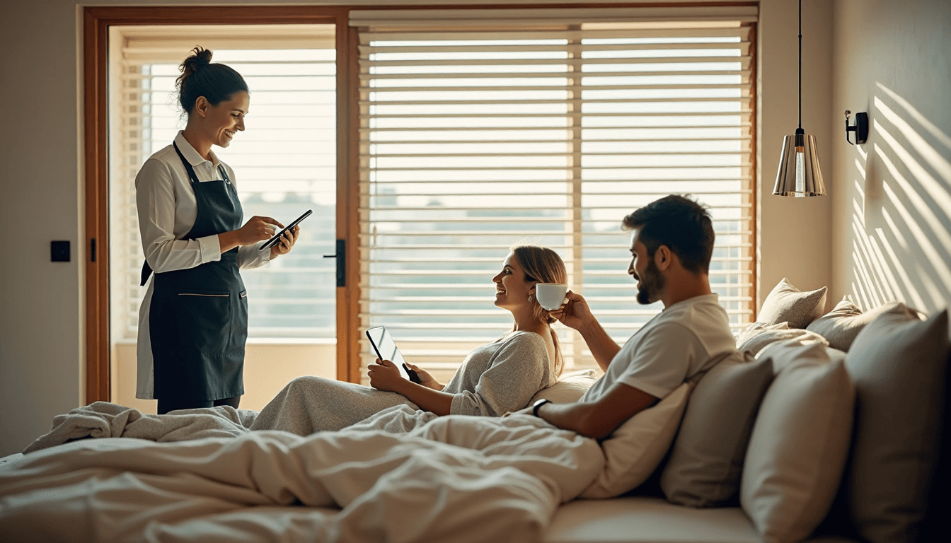 Bright guesthouse room with housekeeper adjusting blinds and smiling couple