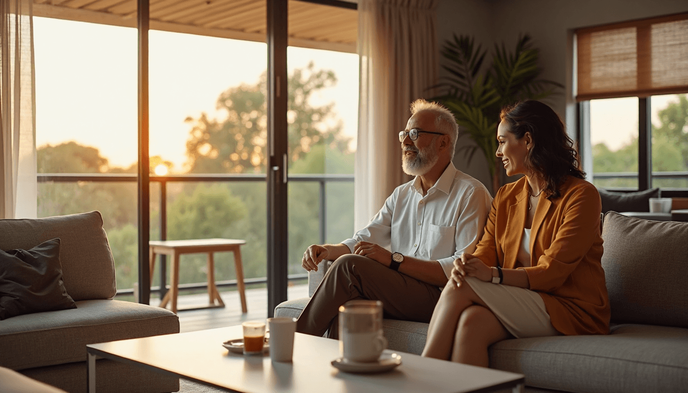 Sunlit guesthouse lounge with luxury curtains and chatting guests