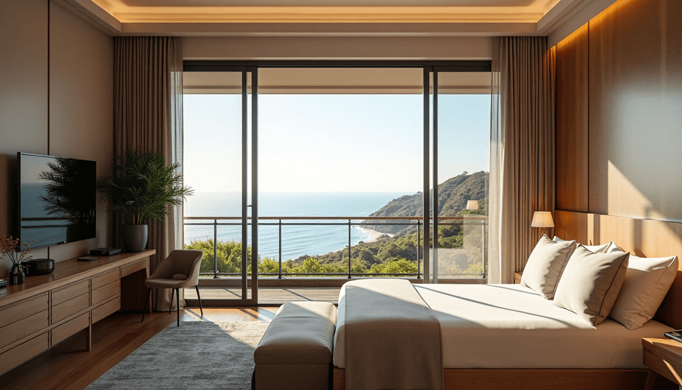 Hotel suite in Durban with modern floor-to-ceiling windows and eco curtains