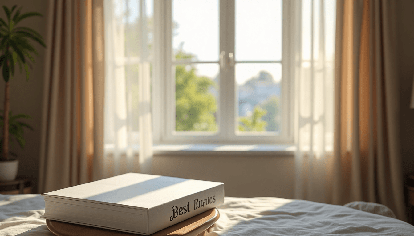 Couple reviewing performance curtain swatches in bright bedroom