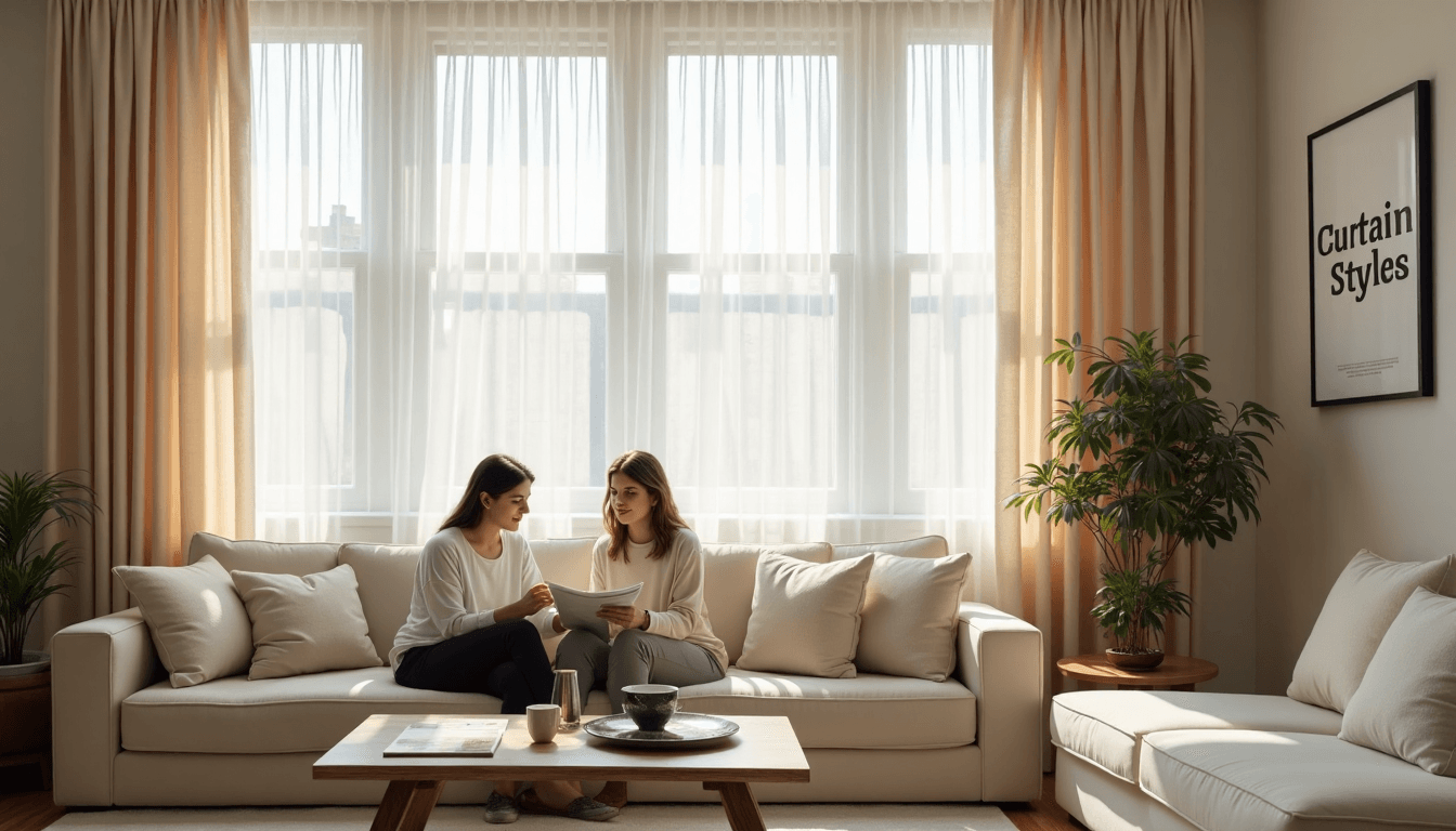 Designer and homeowner choosing curtains in sunlit Durban living room