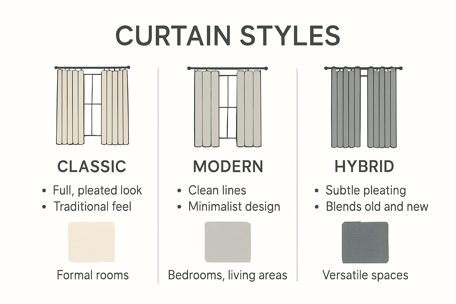 Infographic comparing classic, modern, and hybrid curtain styles