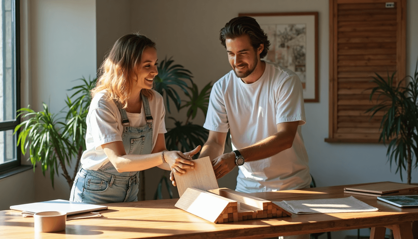 Designer showing custom shutter samples in Durban studio