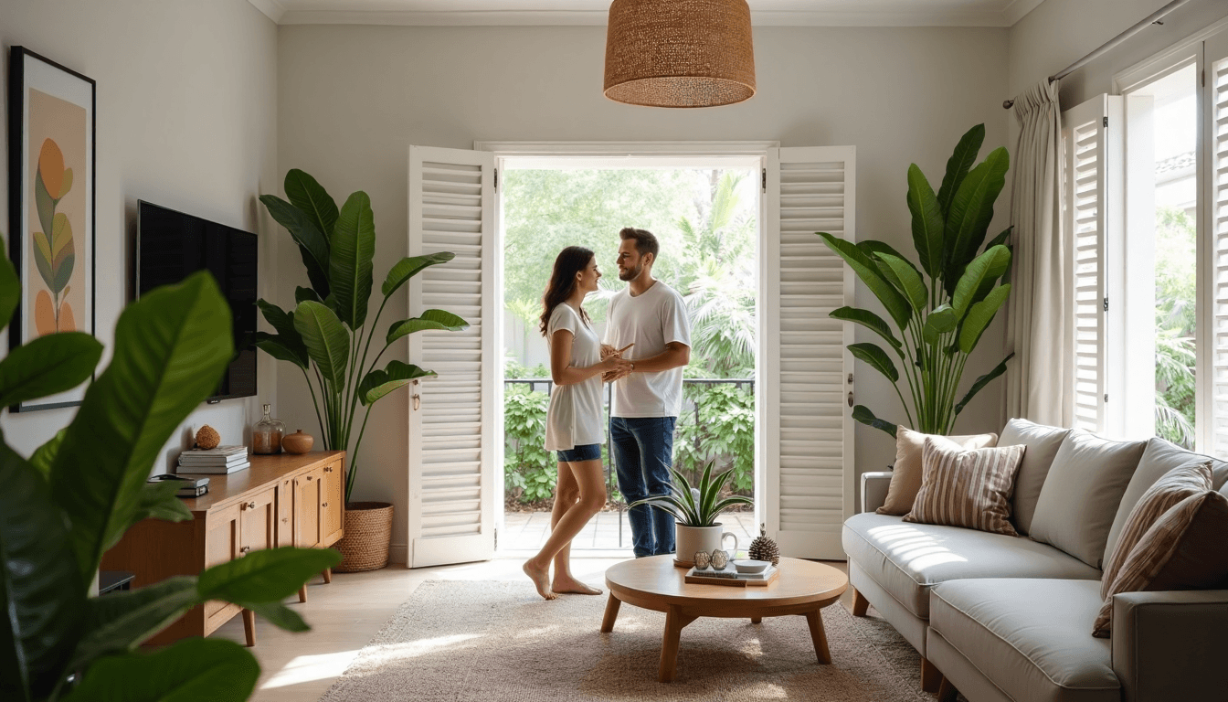 Modern Durban living room with couple and custom white shutters
