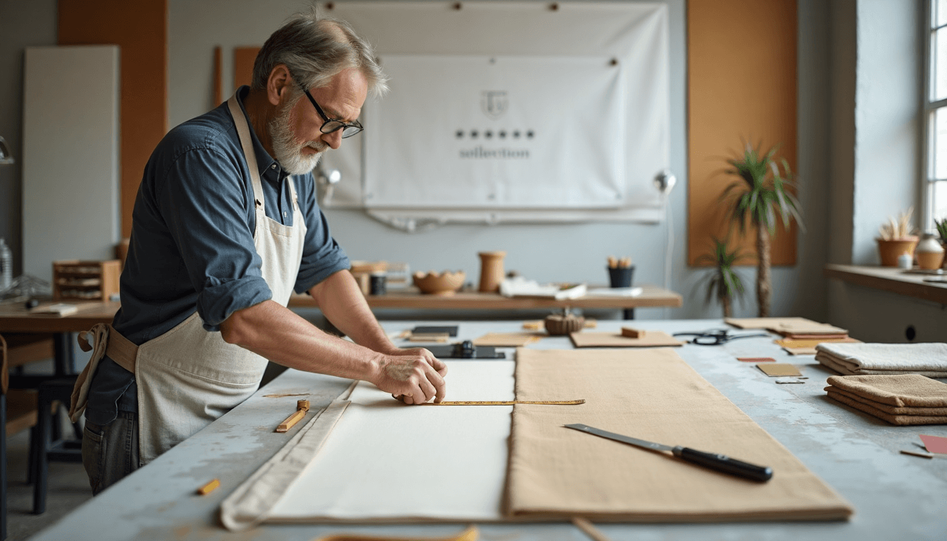 Craftsperson measuring fabric for blinds in sunlit studio