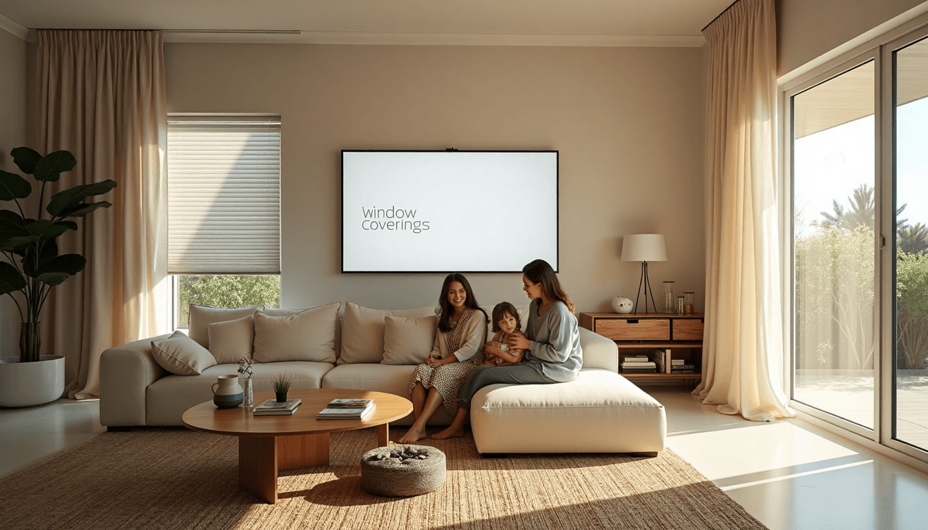 Bright Durban living room with modern window coverings, sunlight, and family.