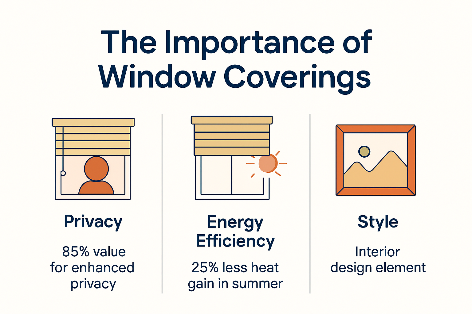 Graphic showing privacy, energy, and style benefits of window coverings