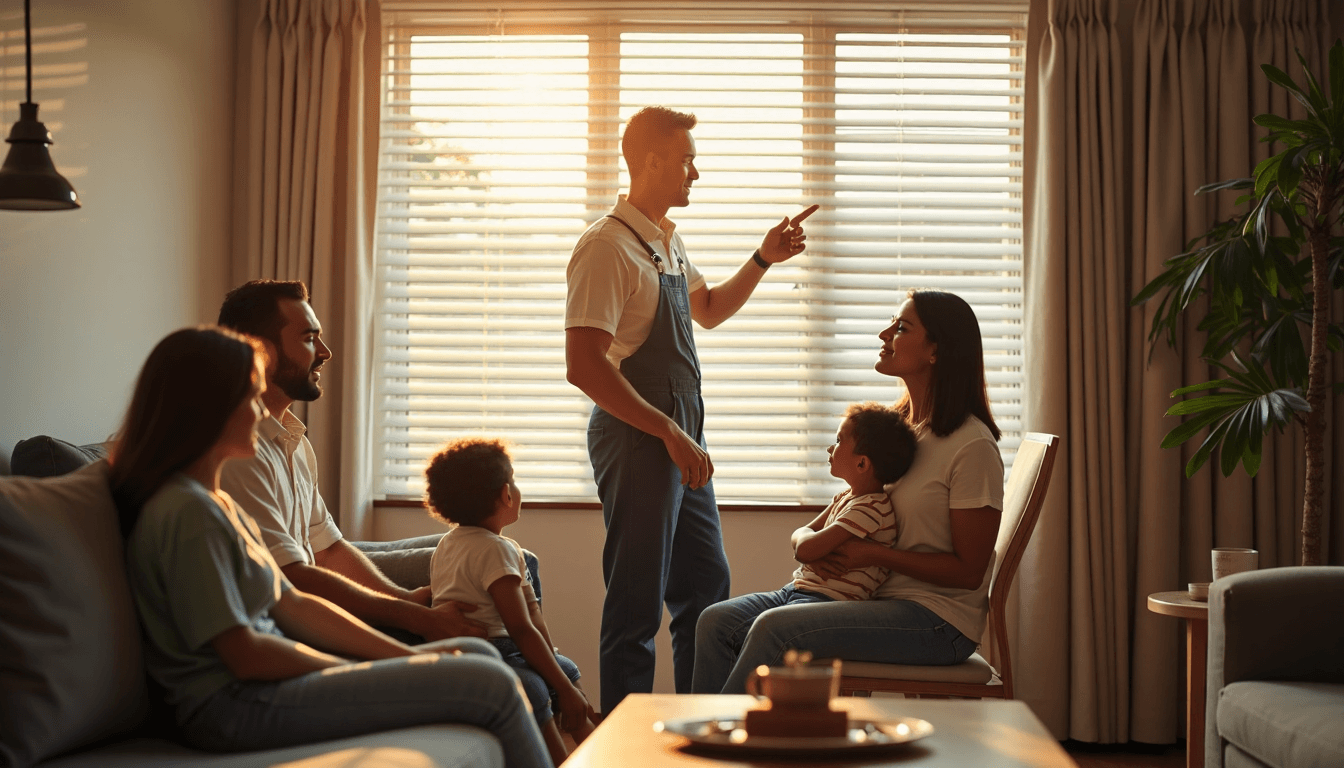 Technician repairing blinds in sunlit Durban living room