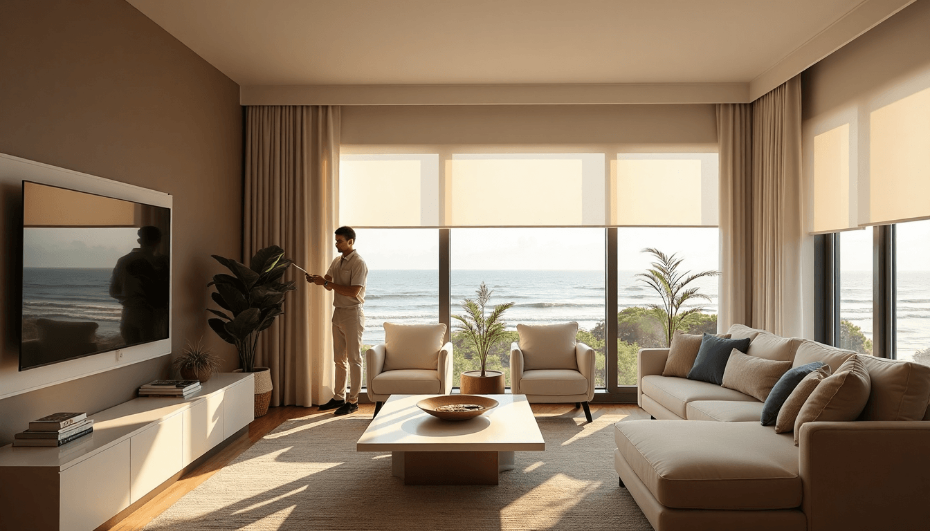 Hotel staff adjusting blinds in luxury Durban coastal living room