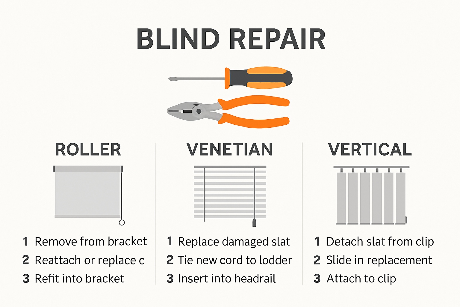 Step-by-step process infographic for repairing different blind types