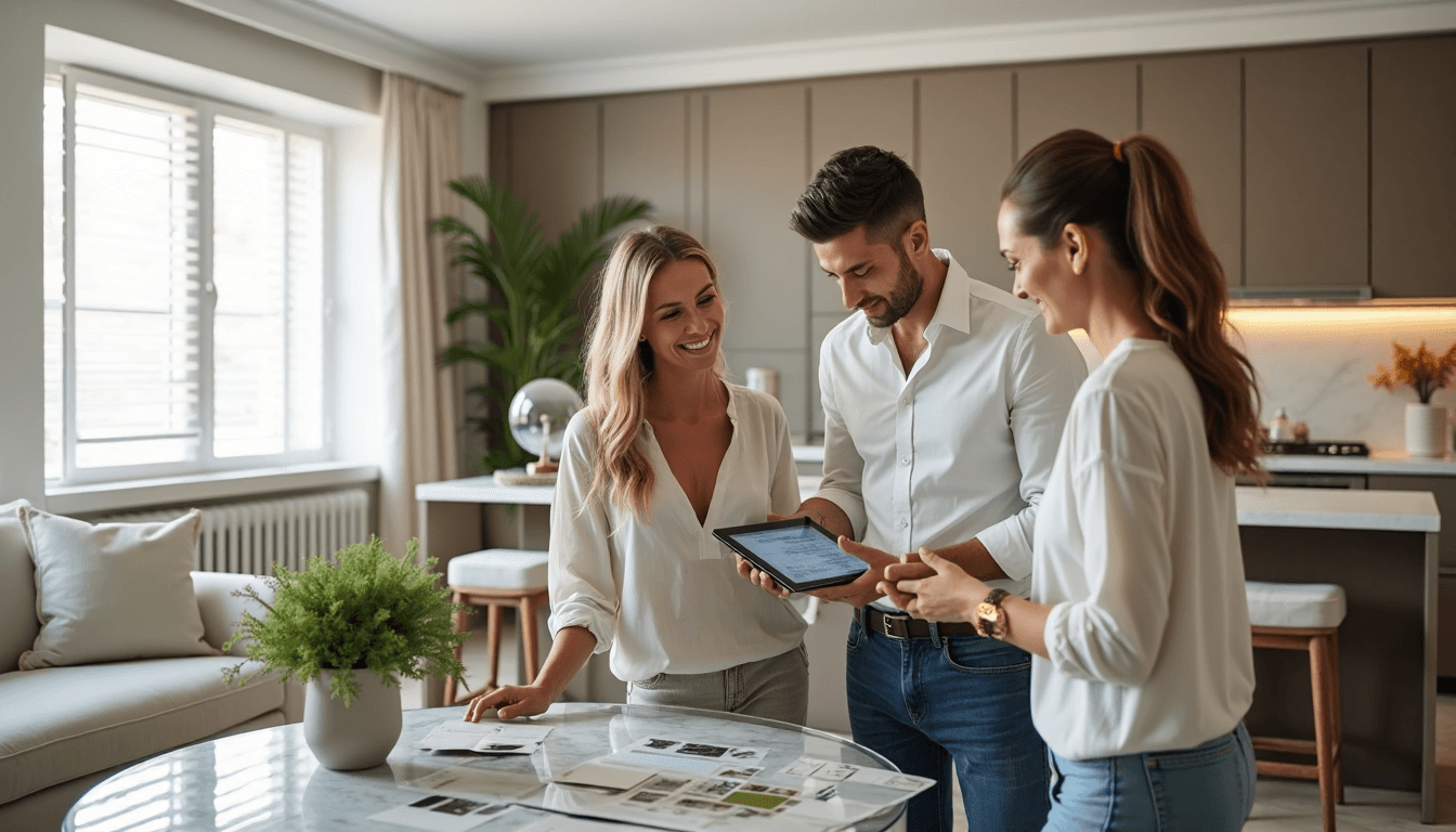 Designers and client reviewing luxury window coverings in a sunlit Durban penthouse living room.