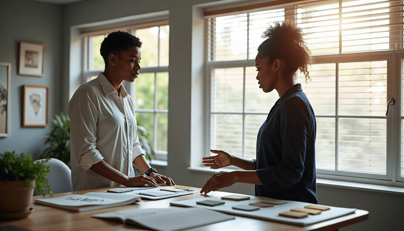 Designer and client examining window fabric samples in an office