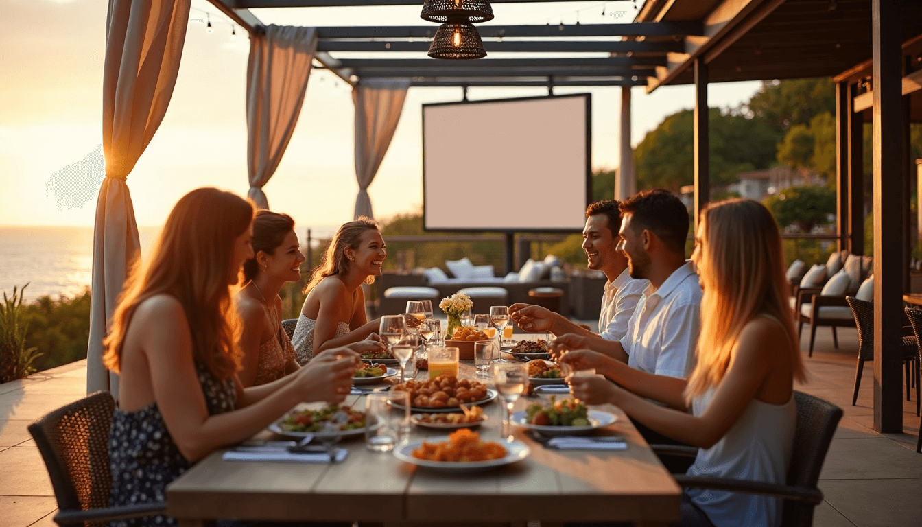 Guests dining outside with luxury outdoor curtains at sunset