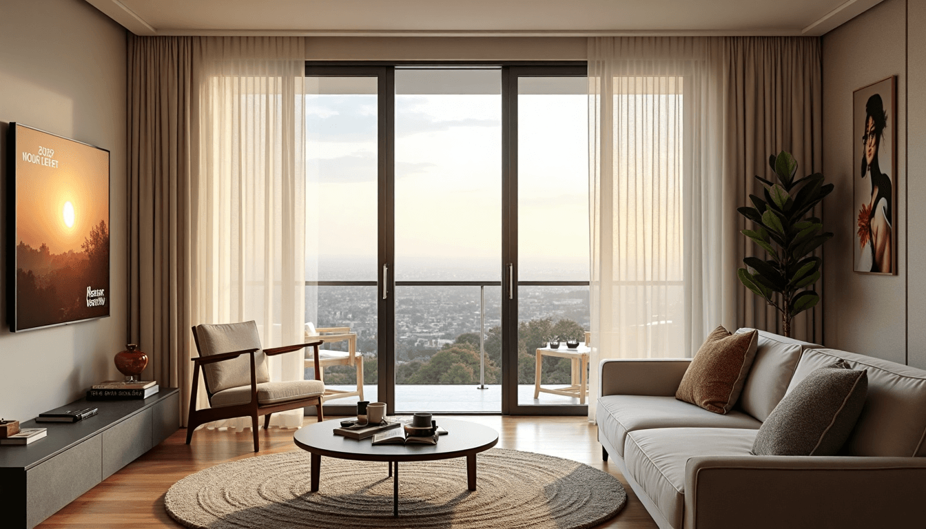 Penthouse interior with modern vertical blinds and smart controls
