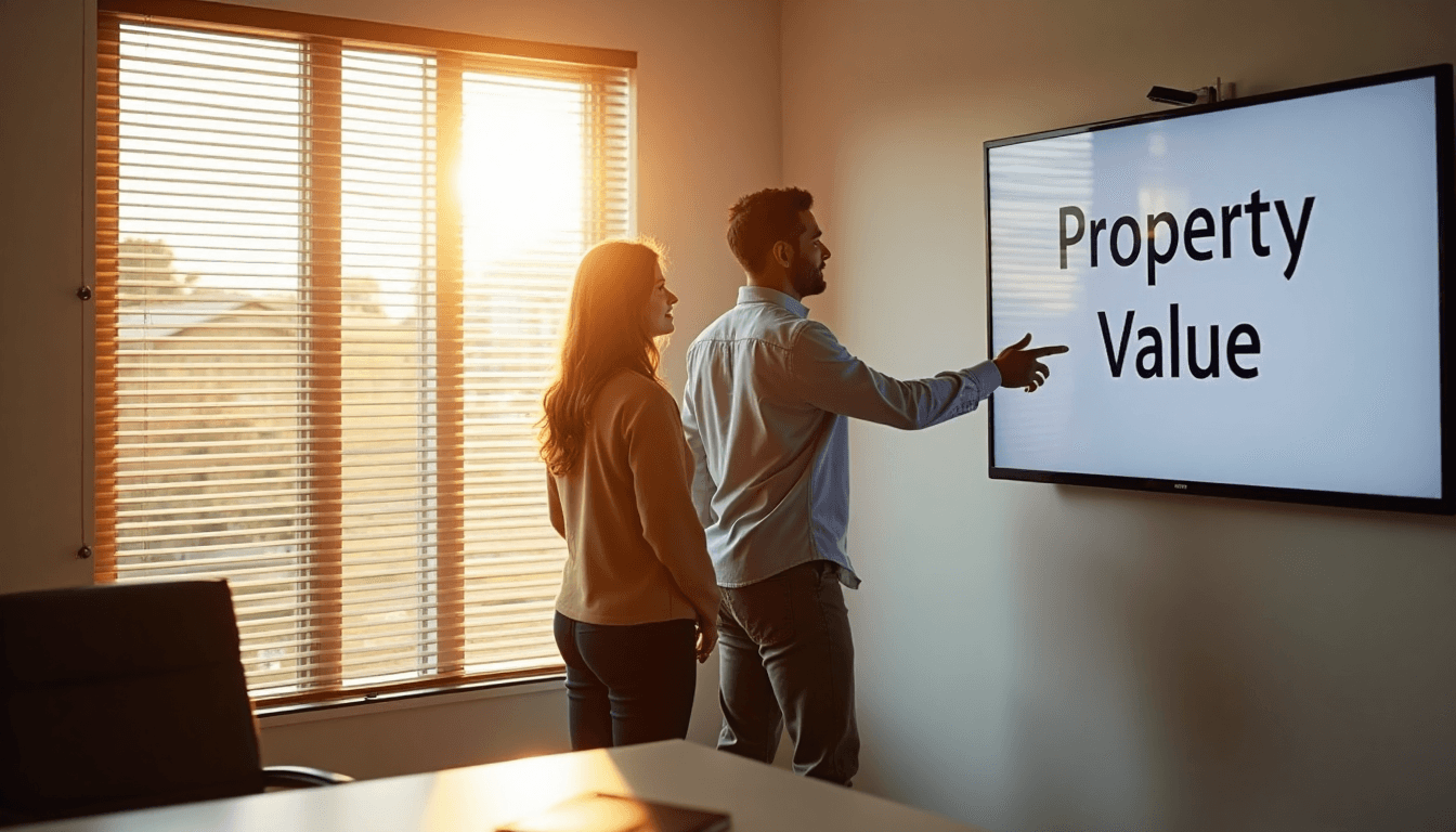 Real estate agent showing stylish automated blinds to couple