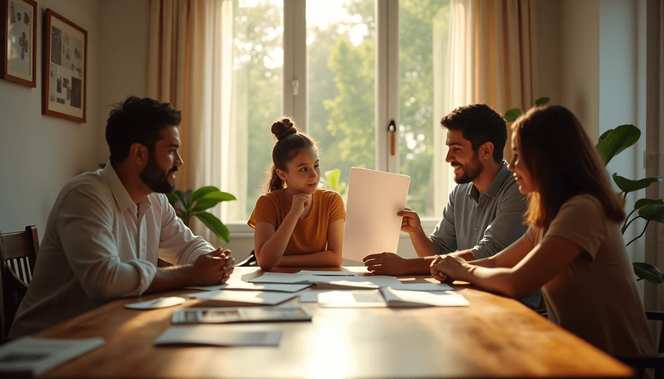 Family discusses window covering options in sunlit Durban living room