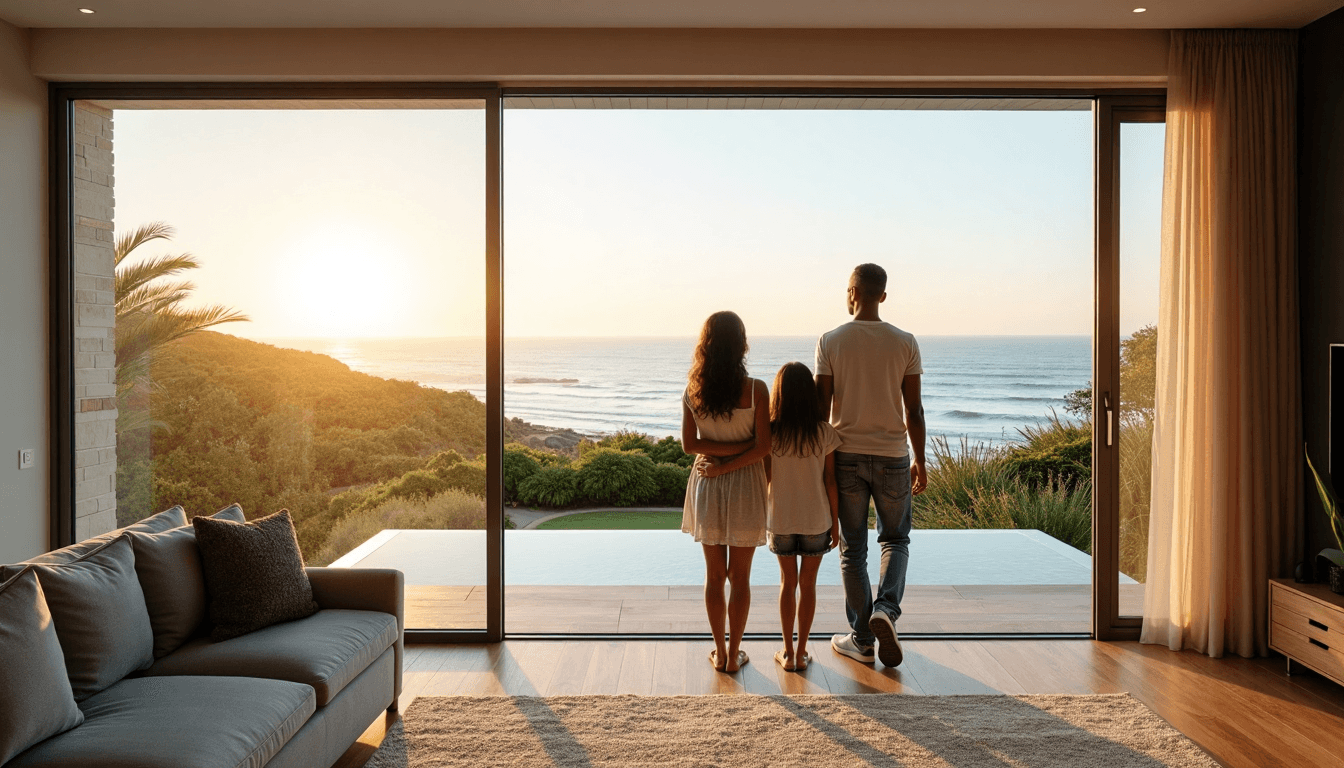 Family admiring ocean view through large windows in Durban home